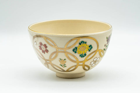 Japanese Matcha Bowl - Floral Geometric Gold Kyo-yaki Chawan - 300ml - front view of the beige bowl with floral and gold pattern