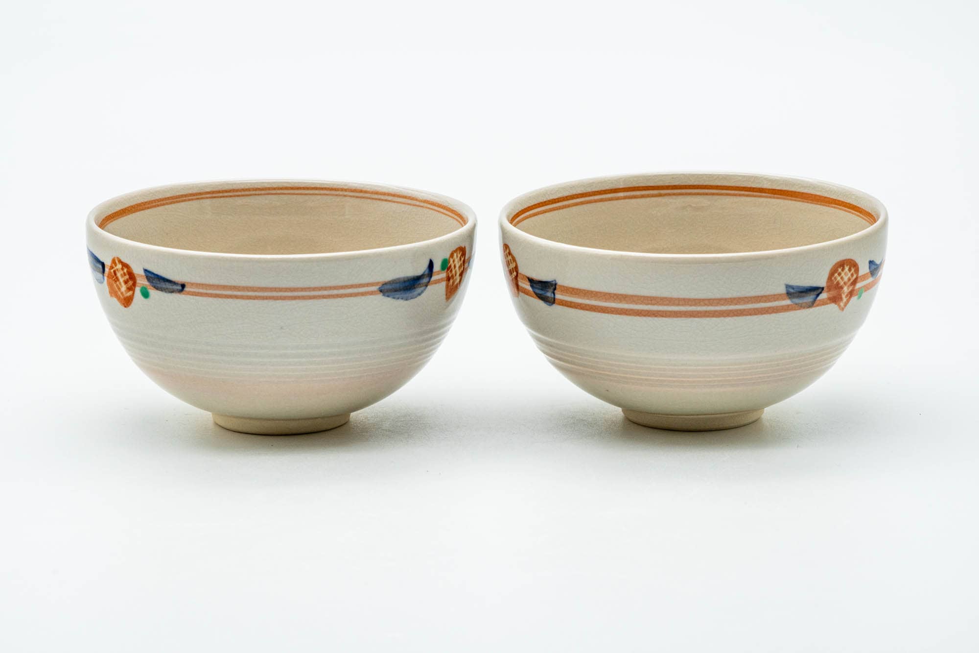 Japanese Teacups - Pair of Beige Striped Kyo-yaki Yunomi - 140ml