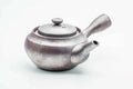 Large banko-yaki side-handle kyusu in metallic-grey clay with a collared lid, shown from the side.