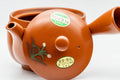 Japanese Kyusu - Yellow Flowers Tokoname-yaki Mesh Teapot - 400ml - side view of the floral-decorated body with the side handle