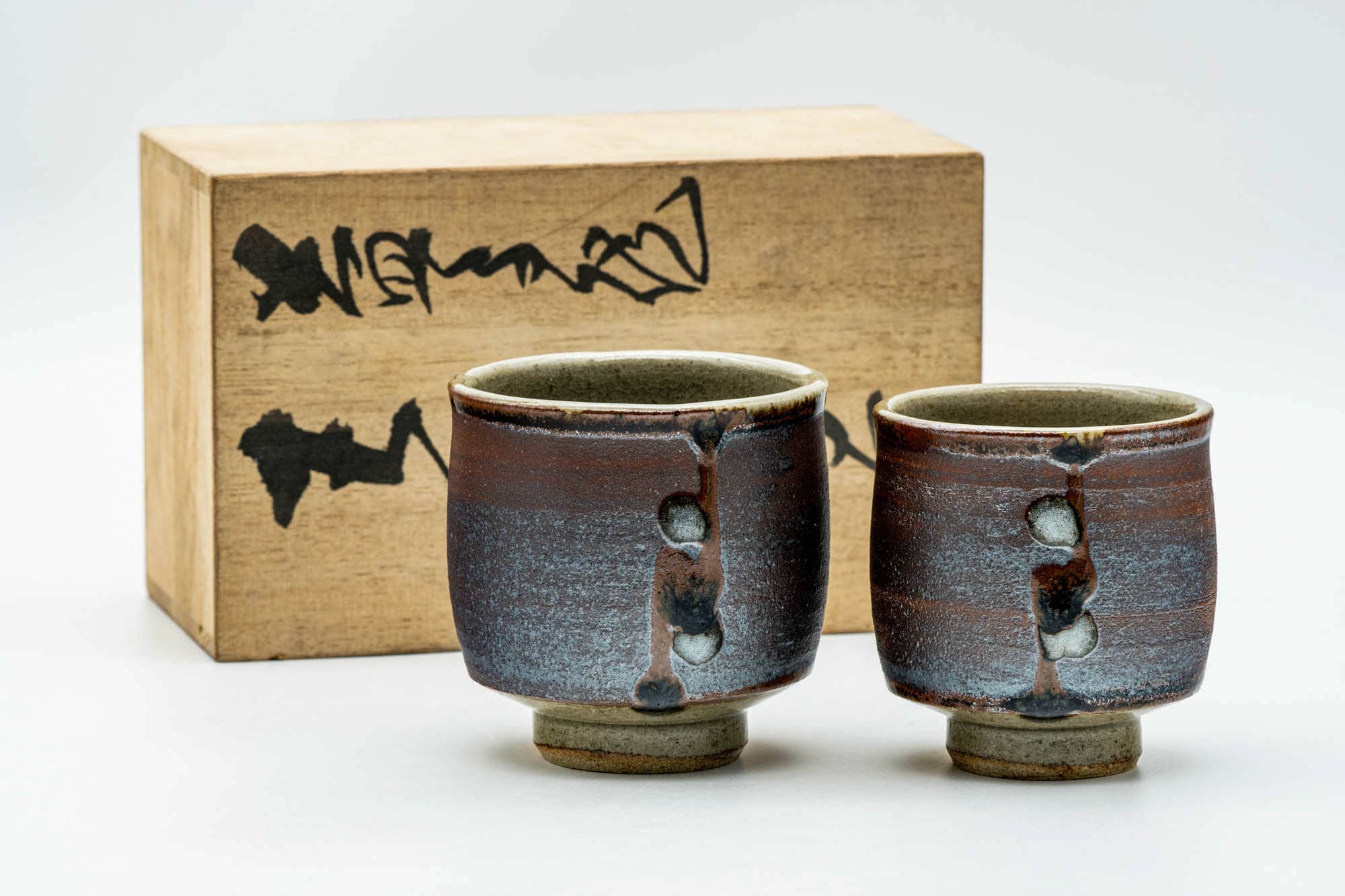 Japanese Teacups - Pair of Large Drip-Glazed Meoto Yunomi in Wooden Box