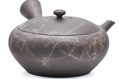 Mogake yakishime unglazed Tokoname kyusu teapot with side handle - high-angle view showing the body and side handle