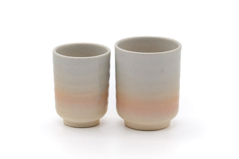 Tezumi — Japanese Teacups - Pair of Meoto Hagi-yaki Yunomi — front view from another angle