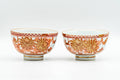 Japanese Teacups - Pair of Red Floral Kutani-yaki Yunomi - 70ml - front view of the two small white cups with red floral kutani pattern