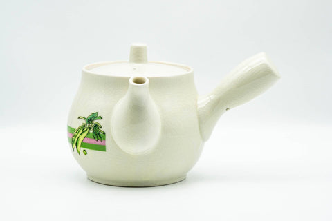 Japanese Kyusu - Beige Green Striped Snow Peas Kutani-yaki Debeso Teapot - 400ml - side view, spout to the right