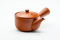 Japanese Kyusu - Mountainous Red Shudei Tokoname-yaki Mesh Teapot - 270ml - three-quarter front view showing the lid knob and side handle