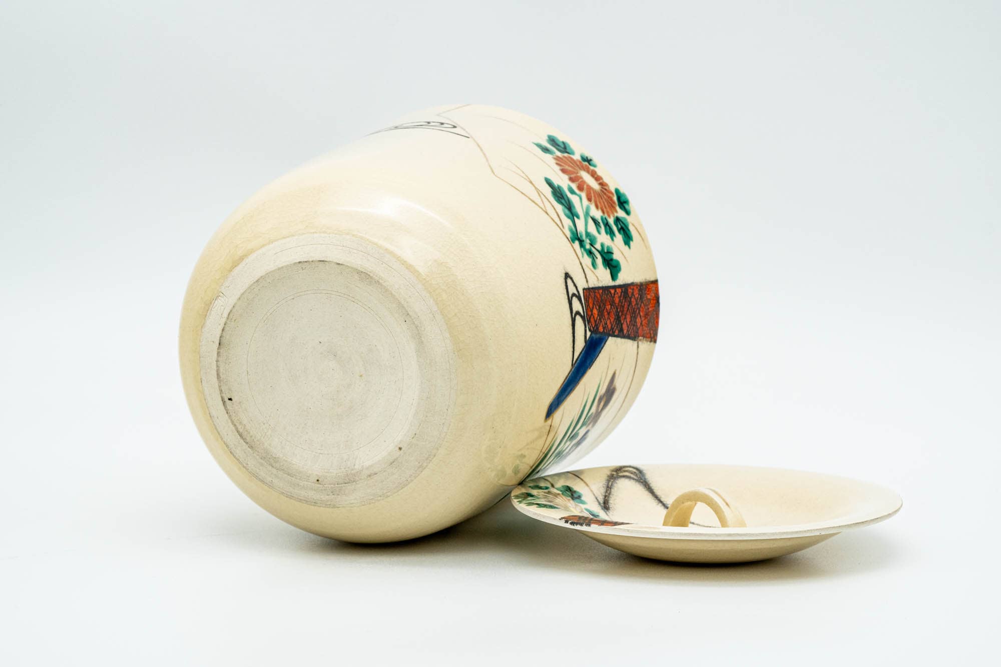 Japanese Mizusashi - Beige Floral Kyo-yaki Tea Ceremony Water Container - 1500ml