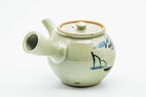 Japanese Kyusu - Abstract Sage Green Glazed Karatsu-yaki Ceramic Filter Teapot - 300ml
