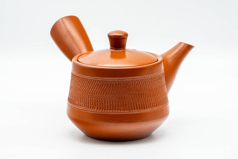 Tezumi — Japanese Kyusu - Red Shudei Tochiri Tokoname-yaki Mesh Teapot - 260ml — side view with the lid and side handle