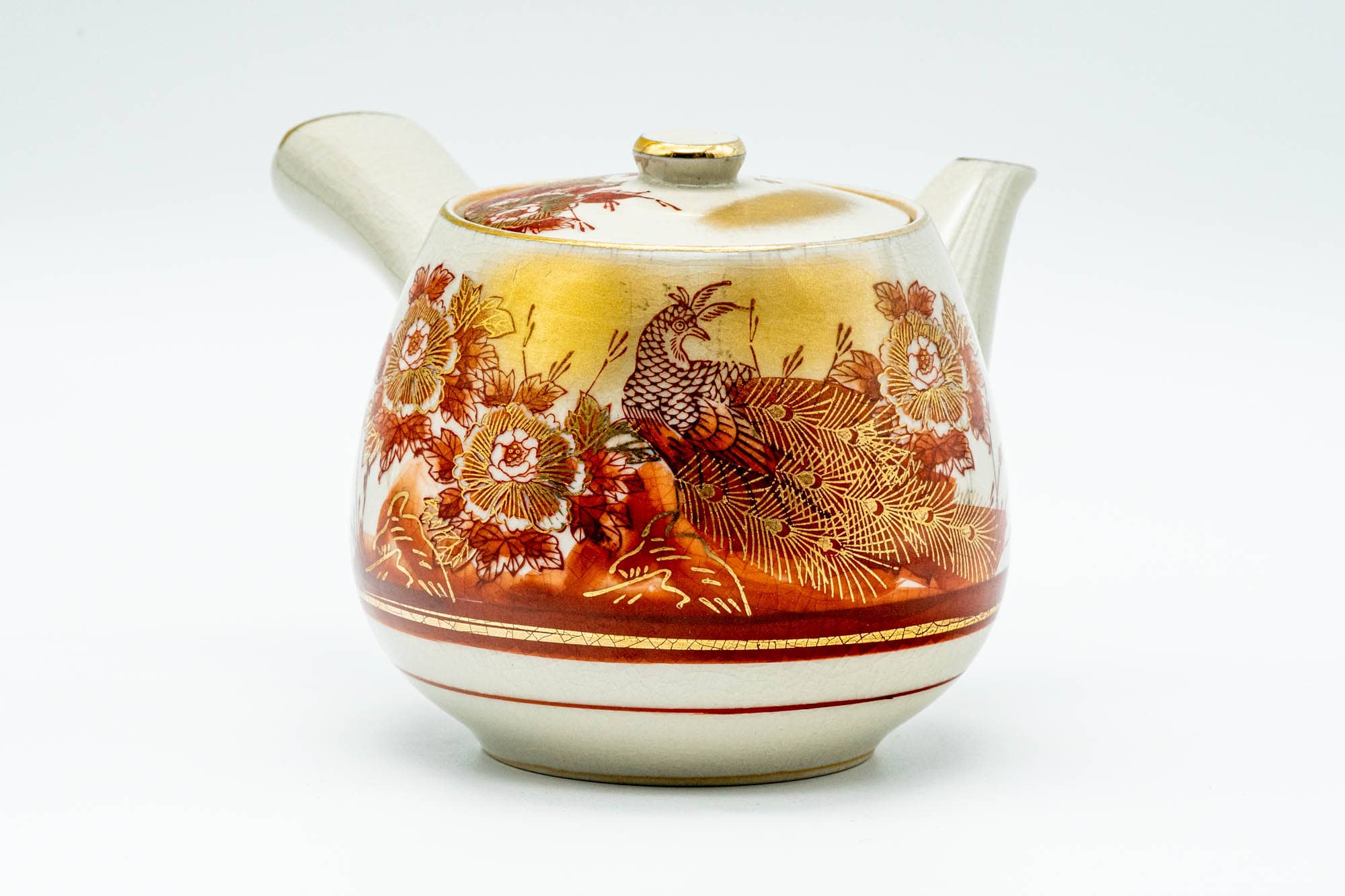 Japanese Tea Set - Red Floral Peacock Kutani-yaki Kyusu Teapot with 4 Yunomi Teacups
