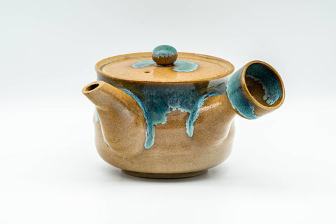 Japanese Tea Set - Agano-yaki Blue Drip-Glazed Do-ake Kyusu Teapot with 2 Yunomi Teacups - teapot showing the side handle