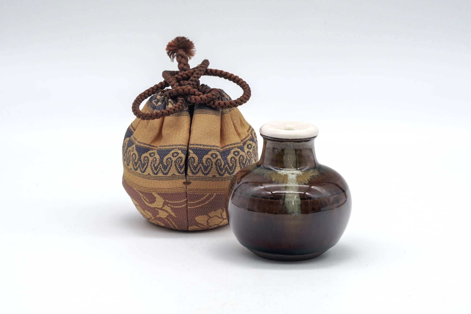 Japanese Chaire - 元永彰一 Motonaga Shōichi - Brown Drip-Glazed Marutsubo Takatori-yaki Tea Jar with Shifuku