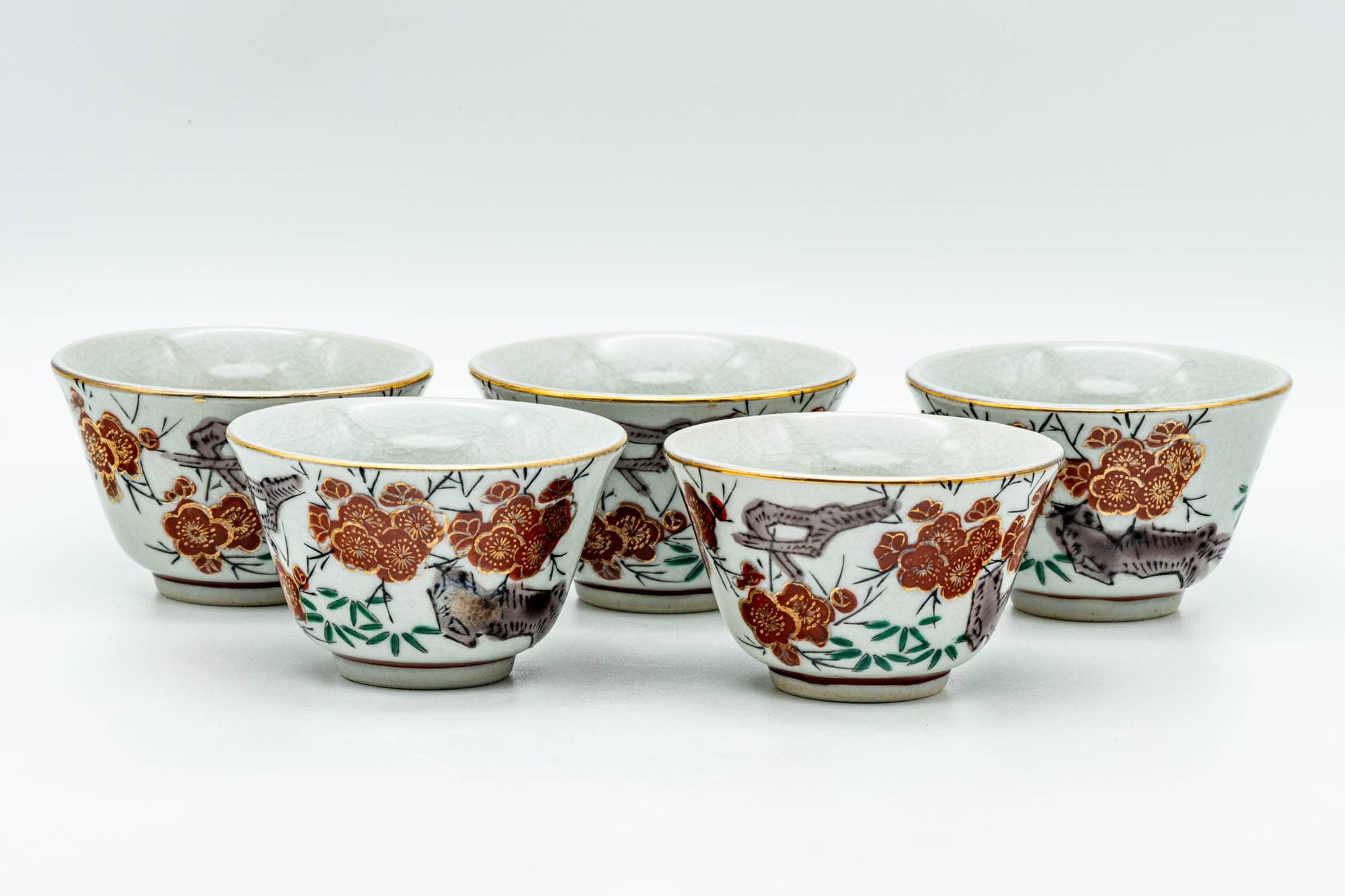 Japanese Tea Set - Floral Kutani-yaki Kyusu Teapot with 5 Yunomi Teacups
