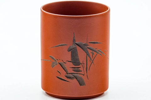 Japanese Teacups - Pair of Bamboo Calligraphy Engraved Red Shudei Tokoname-yaki Meoto Yunomi