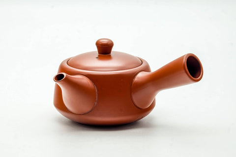 Japanese Kyusu - Smooth Red Shudei Tokoname-yaki Ceramic Filter Teapot - 300ml - front view with the spout pointing left