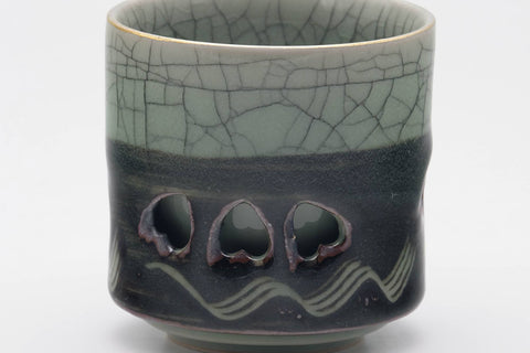 Japanese Teacup - Crazed Green Celadon Glazed Sakura Obori Soma-yaki Yunomi - 100ml
