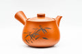 Japanese Kyusu - Bamboo Engraved Red Shudei Tokoname-yaki Ceramic Filter Teapot - 315ml - side view with the lid in place and side handle