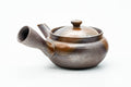 Japanese Kyusu - Ash Glazed Banko-yaki Mesh Teapot - 230ml - side view with the tubular side handle facing the camera, spout to the left