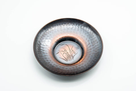 Japanese Chataku - Set of 5 Hammered Copper Uniquely Engraved Tea Saucers with Chasaji Tea Scoop in Wooden Box