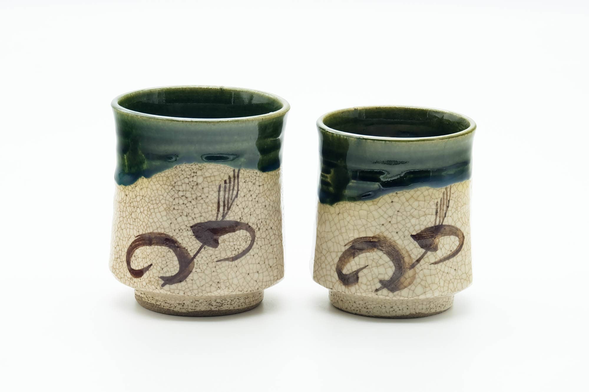 Japanese Teacup - Pair of Beige Green Drip-Glazed Oribe-yaki Meoto Yunomi