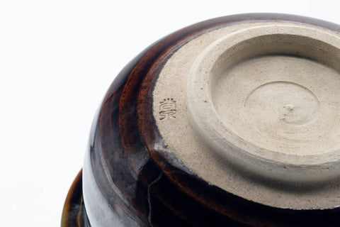 Tezumi — Japanese Kensui - Black Brown Hare's Fur Glazed Water Bowl - 450ml — inverted showing the foot ring