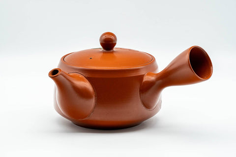 Tezumi — Japanese Kyusu - Grapevine Engraved Tokoname-yaki Obi-ami 360 Mesh Teapot - 370ml — side view showing the spout