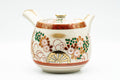 Japanese Kyusu - Red Gold White Chrysanthemums Kutani-yaki Debeso Teapot - 550ml - front view, spout to the left