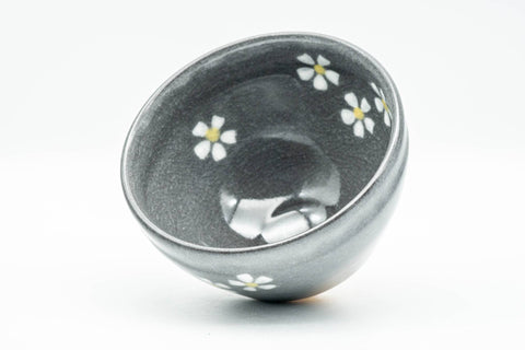 Japanese Matcha Bowl - Small Floral Grey Celadon-Glazed Tenmoku-gata Chawan 200ml - top-down view into the interior showing the floral detail