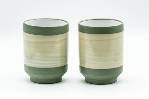 Japanese Teacups - Pair of Friendly Mice Ryokudei Tokoname-yaki Yunomi - 140ml - the pair showing the painted mice on the exterior