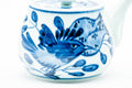 Japanese Kyusu - Blue Floral Arita-yaki Ceramic Filter Teapot - 400ml - side view showing the blue floral decoration on the white body