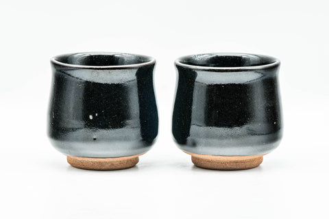 Japanese Teacups - Pair of Jet Black Glazed Yunomi - 130ml - the pair viewed at a slight angle