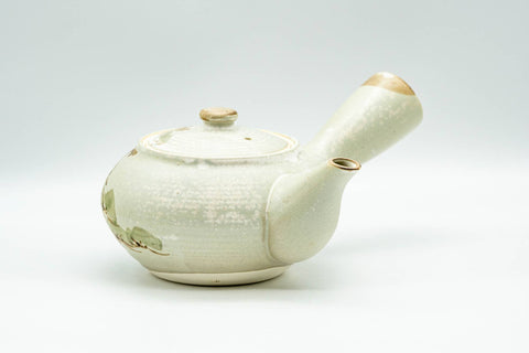 Tezumi — Japanese Kyusu - Beige Foliage Kiyomizu-yaki Debeso Teapot - 300ml — three-quarter view from the opposite side