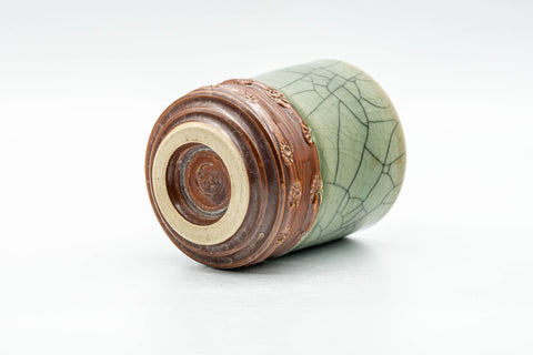 Japanese Teacup - Celadon Glazed Obori Soma-yaki Yunomi - 100ml - tilted view showing the foot and base