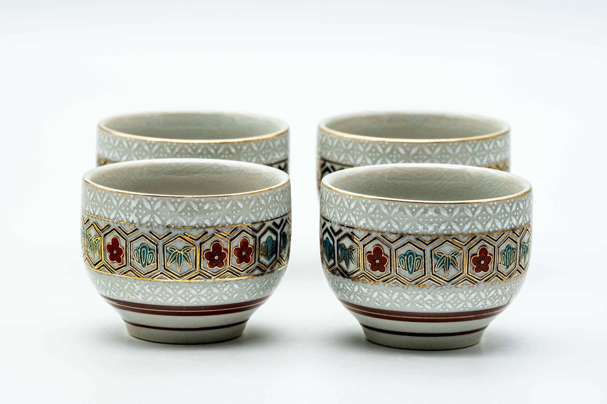 Japanese Tea Set - Gold White Floral Geometric Kutani-yaki Kyusu Teapot with 4 Yunomi Teacups