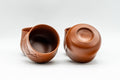 Japanese Tea Set - Bamboo Engraved Tokoname-yaki Debeso Kyusu Teapot with 4 Yunomi Teacups - teacups with one tipped to show the interior