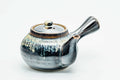 Black side-handle kyusu with a silvery hare's-fur drip glaze, lid on, three-quarter view.