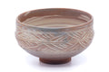 Pink-white hakeme chawan, front view showing the combed band and hakeme brushwork together