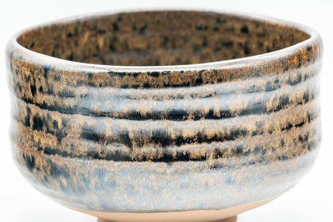 Japanese Matcha Bowl - Brown and Yellow Glazed Waisted Chawan - 450ml - angled front view showing the rim and glaze texture