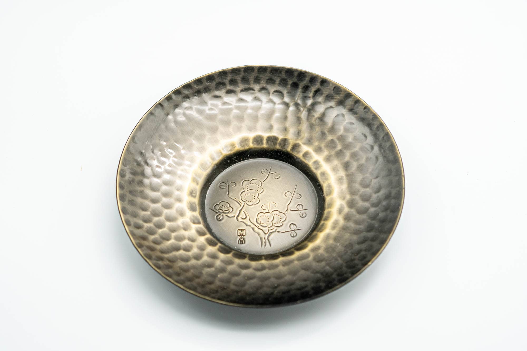 Japanese Chataku - Set of 5 Hammered Brass Uniquely Engraved Tea Saucers with Chasaji Tea Scoop in Wooden Box