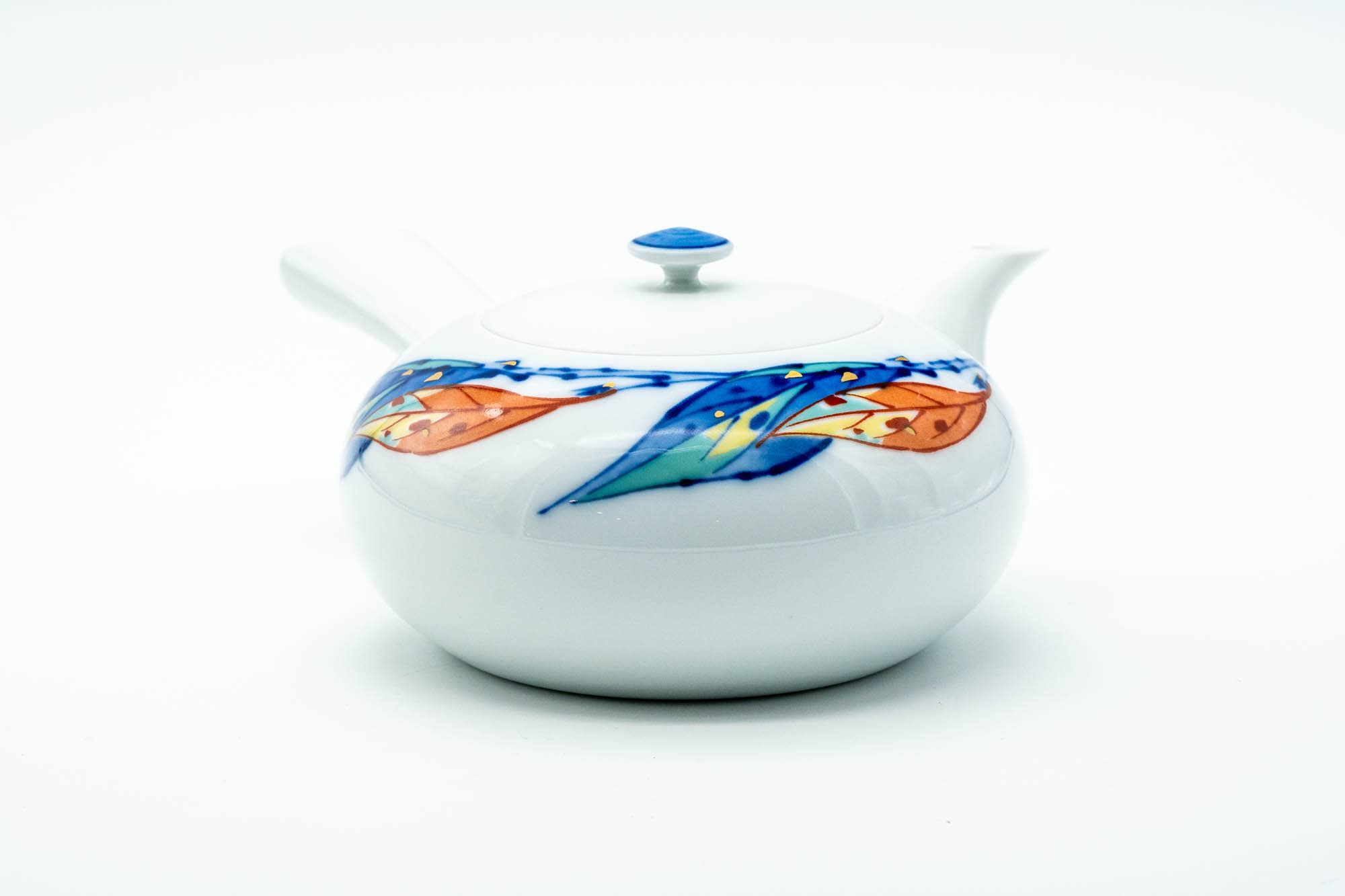 Japanese Kyusu - Blue Orange Leaves Arita-yaki Porcelain Teapot - 350ml