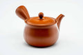 Side view of the round red kyusu with the handle to the left, lid on.
