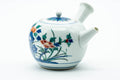Japanese Kyusu - Blue Floral Porcelain Arita-yaki Ceramic Filter Teapot - 275ml - three-quarter front view showing the floral motif and lid knob