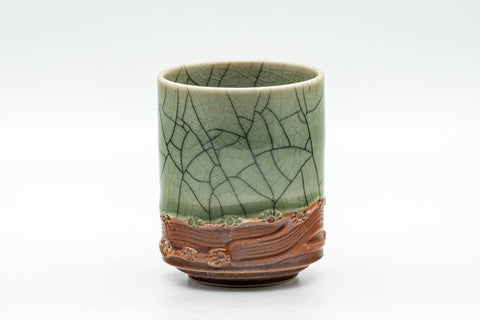 Japanese Teacup - Celadon Glazed Obori Soma-yaki Yunomi - 100ml - side view of the celadon glazed cup