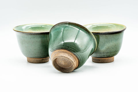 Japanese Teacups - Set of 3 Green Beige Inner-Glazed Agano-yaki Yunomi - 80ml