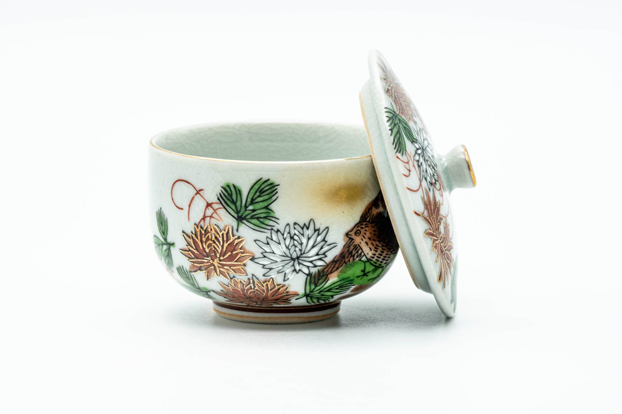 Japanese Tea Set - Floral Birds Kutani-yaki Kyusu Teapot and Lidded Yunomi