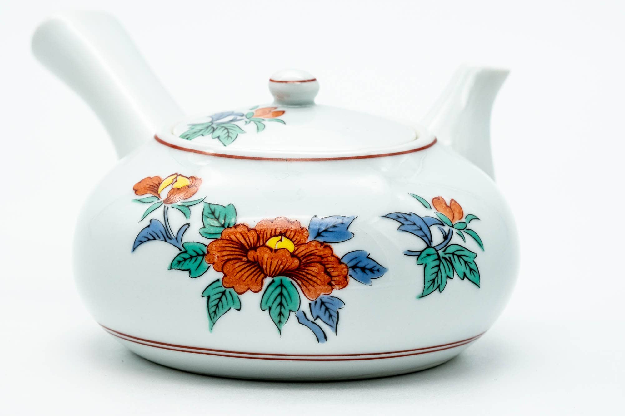 Japanese Tea Set - Floral White Porcelain Arita-yaki Kyusu Teapot with 4 Yunomi Teacups