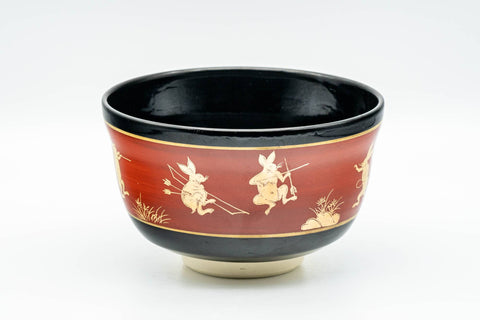 Japanese Matcha Bowl - Gold Bunny Rabbits Black Red Glazed Kyo-yaki Chawan - 350ml - Tezumi
