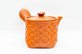 Japanese Kyusu - Basket-Patterned Red Shudei Tokoname-yaki Mesh Teapot - 160ml - front view with the handle toward the viewer