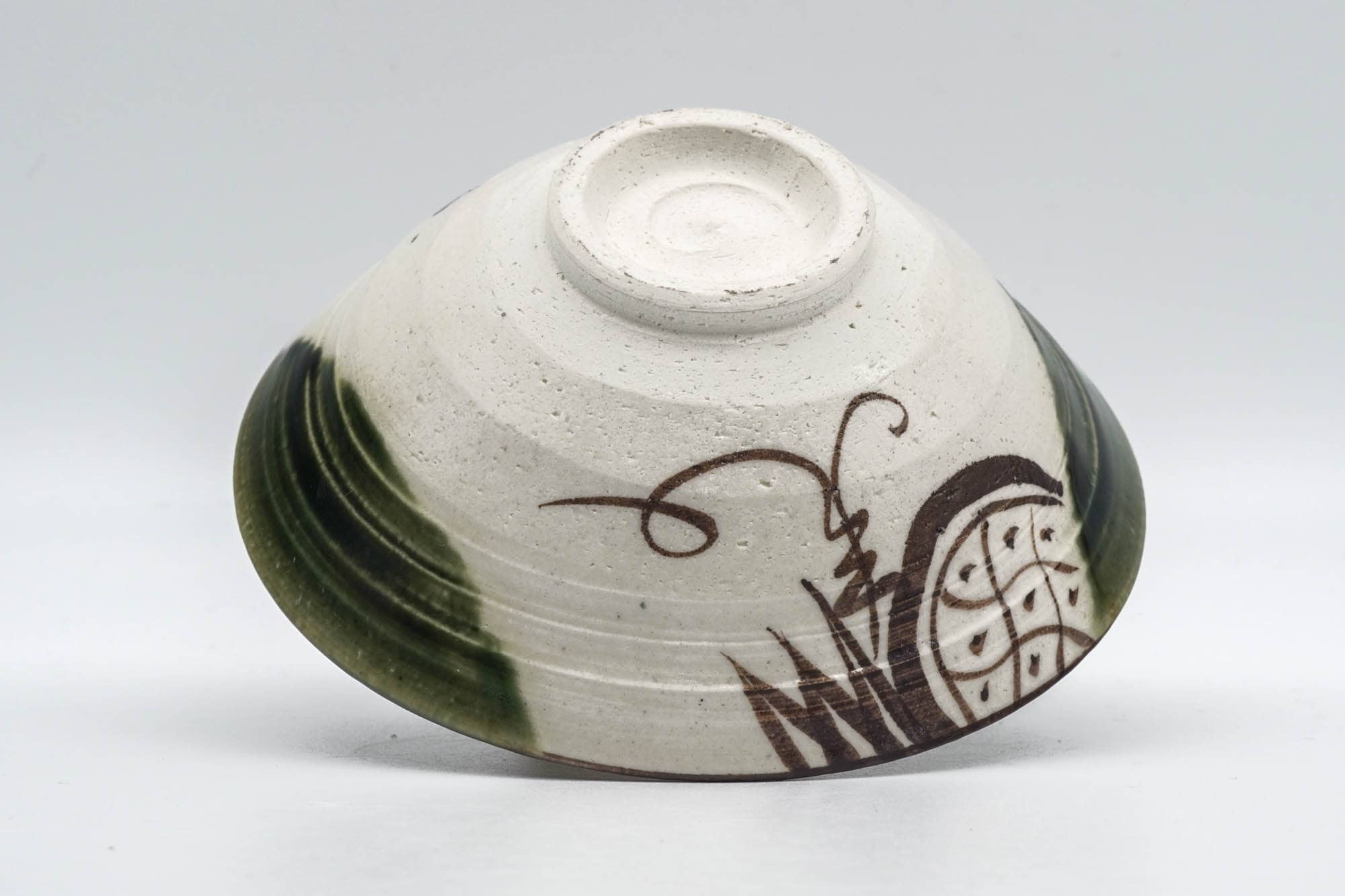 Japanese Matcha Bowl - Abstract Green White Glazed Oribe-yaki Chawan - 150ml