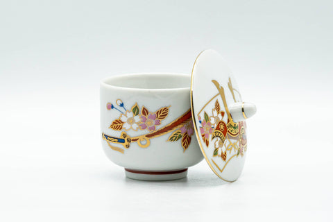 Japanese Teacup - Floral Kutani-yaki Ryuzan Lidded Yunomi - 60ml - the cup with its lid resting beside it